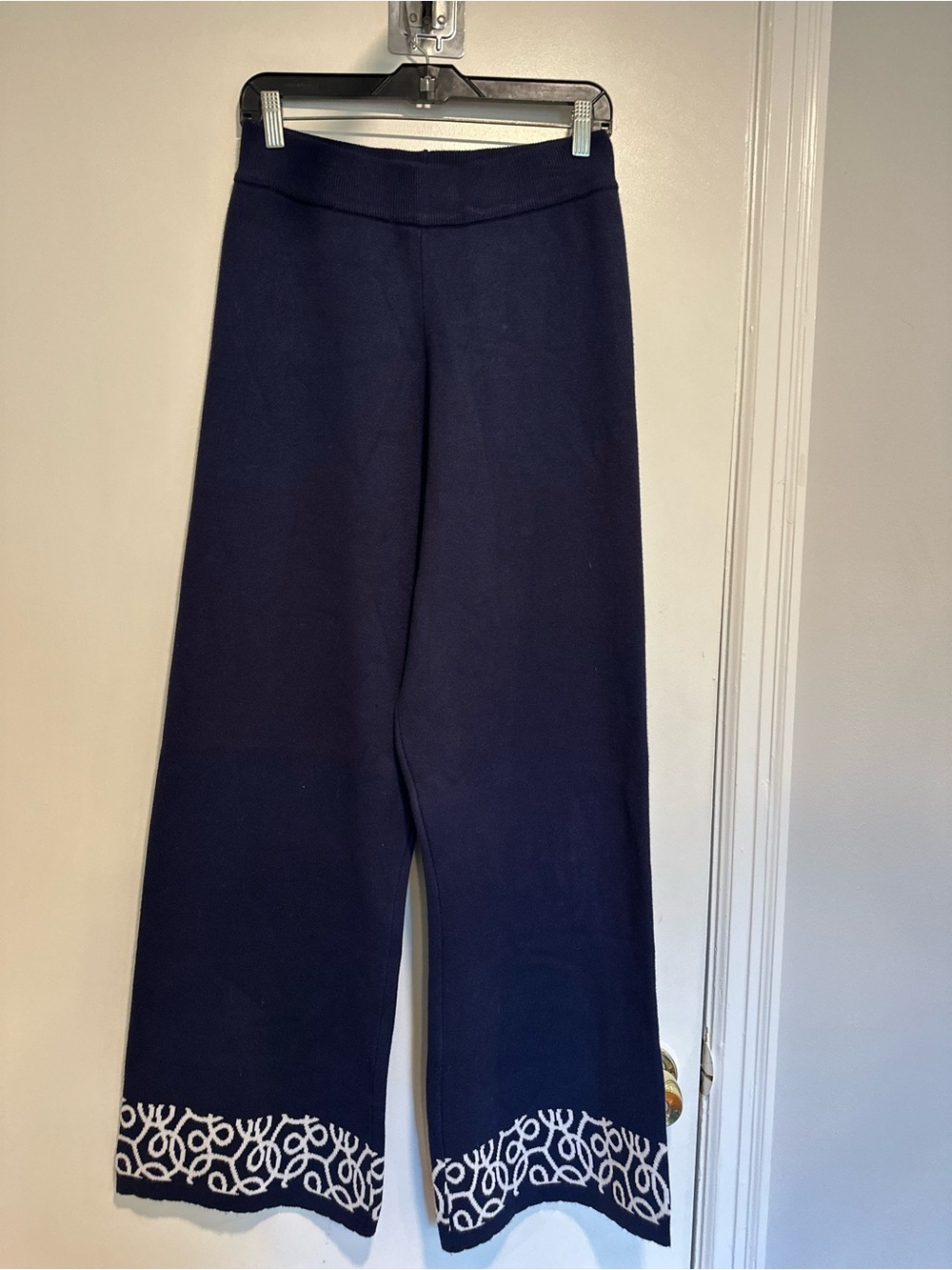 EUC Chérie Collette Navy Knit Squiggle Hem Sweater Pants Sz:L Pull-On Wide Leg